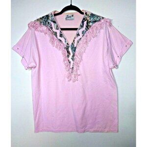 Womens Fringed top western style Made in USA Pink solid & aztec embellished
